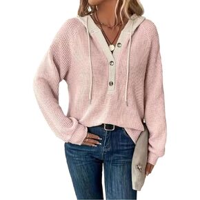 Color Block Drawstring Hoodie Womens Button Front V Neck Sweatshirt Fall Vaction Loose Casual Long Sleeve Shirt