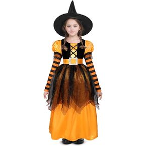 LEACOOLKEY Girls Witch Dress Halloween Witch Costume Cosplay Kids Princess Costume Witch Dress and Hat