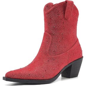 Women’s Rhinestone Cowboy Boots Side Zipper Slip-on Style Chunky Heel Pointed Toe Glittering Cowgirl Boots