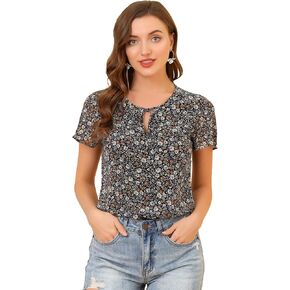Allegra K Floral Tops for Women's Short Sleeve Ruffled Tie Neck Blouse