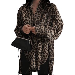 MakeMeChic Women's Leopard Print Oversized Long Sleeve Collared Button Down Shirt Blouse Tops in Saudi Arabia