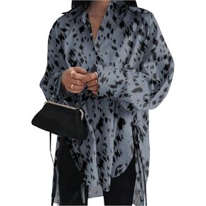 MakeMeChic Women's Leopard Print Oversized Long Sleeve Collared Button Down Shirt Blouse Tops