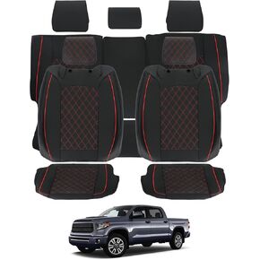 ROCCS Leather Seat Covers 5 Seats Full Set Fit for 2014-2021 Toyota Tundra Cushion Cover Breathable,Tundra CrewMax Double Cab SR5 Limited TRD Pro Airbag Compatible Waterproof Truck Seat Cover Red Line