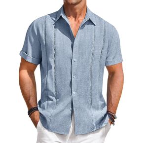 قمصان Runcati الرجالية Guayabera بأكمام قصيرة كاجوال من الكتان الكوبي وأزرار سفلية للشاطئ والصيف المكسيكي