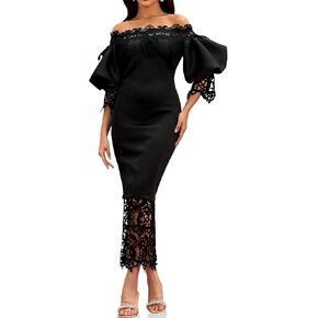 LALAGEN Womens Puff Sleeve Lace Bodycon Long Maxi Dress Off The Shoulder Summer Cocktail Party Split Maxi Dresses