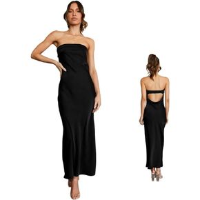 Women's Satin Tube Sexy Backless Formal Wedding Guest Evening Party Maxi Dresses Gala Dress Black