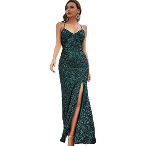 Women's Sexy Backless V Neck Bodycon Sequin Gown Evening Dress with Slit