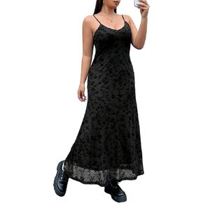 Floerns Women's Plus Size Sleeveless Floral Print Contrast Mesh Cami Long Dress