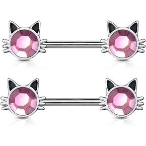 Pierced Owl Pink Rhinestone Center Cat Face Nipple Barbells, Sold as a Pair