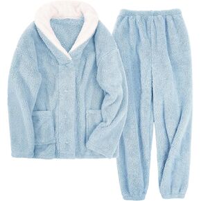 Fluffy Pajamas Set for Women Fleece Pjs Sets Button Down Sleepwear Pullover Fuzzy Pants Winter Plush Loungewear