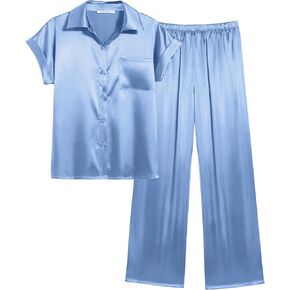 Ekouaer Womens Satin Pajamas Set Silky Two-piece Short Sleeve and Long Pants Sleepwear Button-Down Pj Sets