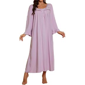 Women’s Scoop Neck Long Sleeved Ruched Nightgown Sleepwear Home Dress