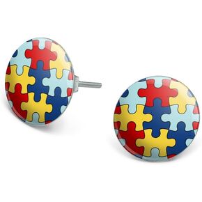 Autism Awareness Diversity Puzzle Pieces Novelty Silver Plated Stud Earrings