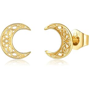 DOVRAN 14K Gold Moon Stud Earrings for Women 14K Solid Yellow Gold Cetic Moon Earrings Moon Jewelry for Her