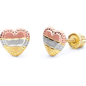 14k Tri Color Gold Heart Stud Earrings with Screw Back