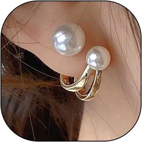Retro Gold Pearl Jacket Earring for Women,Double Pearl Stud Cuff Earrings Front Back Claw Huggie Hoop Earring,Fashion Non Tarnish Earrings