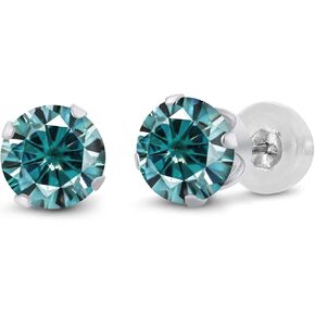Gem Stone King 14K White Gold Blue Moissanite Earrings | 2.00 Cttw | Round 6.5MM | Round White Gold Stud Earrings For Women Men