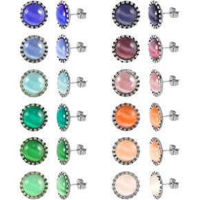 12 Pairs Surgical Stainless Steel Cat's Eye Stone Stud Earrings, 18K Gold Plated Multicolor Gemstone Stud Earrings Set for Women
