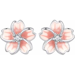 Qings Cherry Blossom Stud Earrings for Women, 925 Sterling Silver Pink Enamel Flower Earrings Hypoallergenic Stud Earrings for Women Birthday Gift