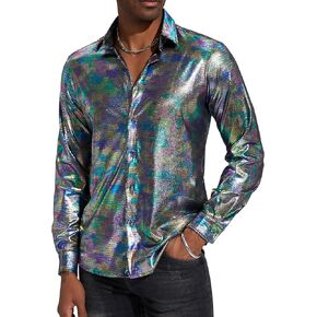 Mens 70s 60s Disco Shirt Metallic Party Costume Long Sleeve Button Down Shirts