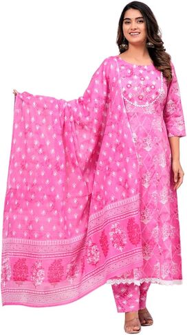 Women's Floral Print Cotton Anarkali Embroidered Kurta with Palazzo and Dupatta in Saudi Arabia