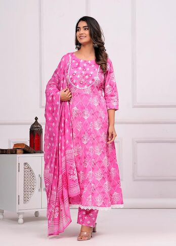 Women's Floral Print Cotton Anarkali Embroidered Kurta with Palazzo and Dupatta in Saudi Arabia