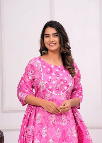Women's Floral Print Cotton Anarkali Embroidered Kurta with Palazzo and Dupatta in Saudi Arabia
