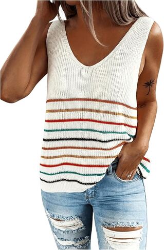 Women's Sleeveless Tank Top Stripe V Neck Loose Casual Tank Shirt Knit Lightweight Pullover Tops in Saudi Arabia