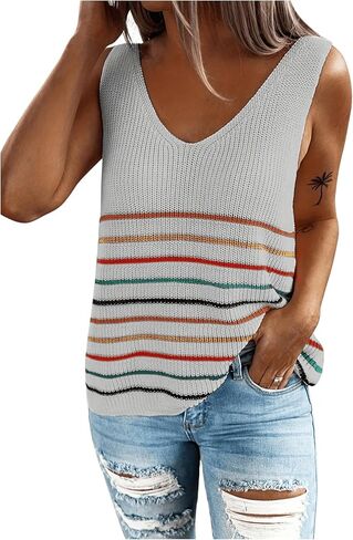 Women's Sleeveless Tank Top Stripe V Neck Loose Casual Tank Shirt Knit Lightweight Pullover Tops in Saudi Arabia