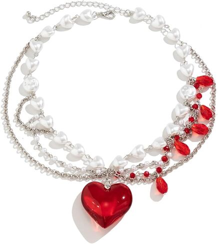 Layered Chunky Puffy Heart Choker Necklace Cute Y2k Necklace Red Crystal Heart Necklace Big Heart Pendant Necklace Pearl Heart Necklace Dopamine Necklace for Women in Saudi Arabia