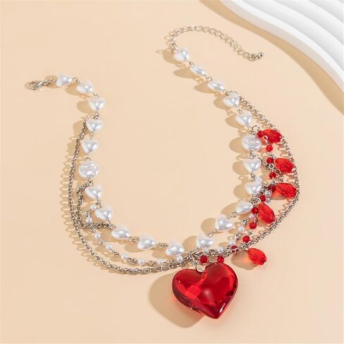 Layered Chunky Puffy Heart Choker Necklace Cute Y2k Necklace Red Crystal Heart Necklace Big Heart Pendant Necklace Pearl Heart Necklace Dopamine Necklace for Women in Saudi Arabia