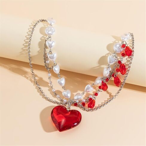 Layered Chunky Puffy Heart Choker Necklace Cute Y2k Necklace Red Crystal Heart Necklace Big Heart Pendant Necklace Pearl Heart Necklace Dopamine Necklace for Women in Saudi Arabia