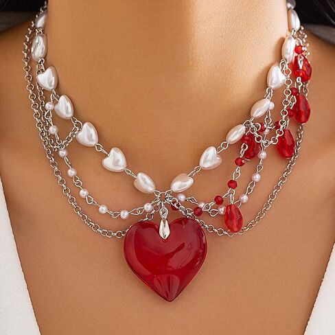 Layered Chunky Puffy Heart Choker Necklace Cute Y2k Necklace Red Crystal Heart Necklace Big Heart Pendant Necklace Pearl Heart Necklace Dopamine Necklace for Women in Saudi Arabia