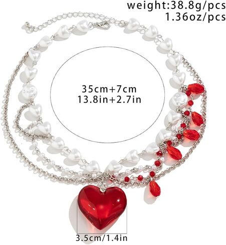 Layered Chunky Puffy Heart Choker Necklace Cute Y2k Necklace Red Crystal Heart Necklace Big Heart Pendant Necklace Pearl Heart Necklace Dopamine Necklace for Women in Saudi Arabia