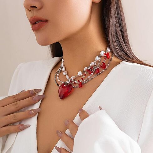 Layered Chunky Puffy Heart Choker Necklace Cute Y2k Necklace Red Crystal Heart Necklace Big Heart Pendant Necklace Pearl Heart Necklace Dopamine Necklace for Women in Saudi Arabia