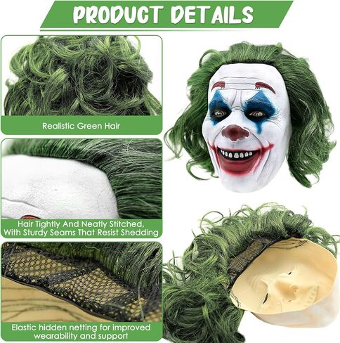 أقنعة الهالوين اللاتكس للرجال من Aolamegs، قناع ابتسامة مع شعر أخضر للبالغين، أزياء تنكرية للمهرج، وملابس الحديقة، ودعامات الحفلات في الفناء (JK24) in Kuwait