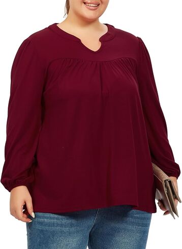 Moon Wood Plus Size Tops for Women Tunic Fall Long Sleeve Blouses Casual Floral Printed V Neck Shirts Loose Fit in Kuwait