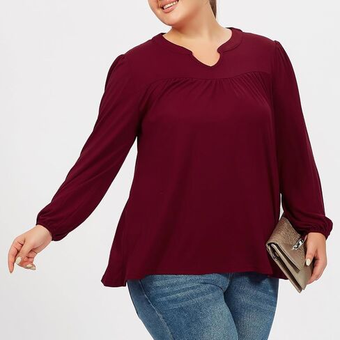 Moon Wood Plus Size Tops for Women Tunic Fall Long Sleeve Blouses Casual Floral Printed V Neck Shirts Loose Fit in Kuwait