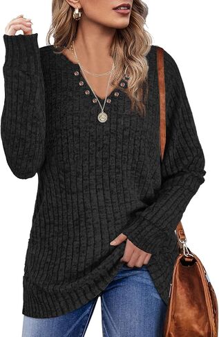 بلايز نسائية موضة خريف 2023 سويت شيرت للنساء سترات قمصان طويلة الأكمام رقبة على شكل حرف V ملابس للسيدات بلوزات غير رسمية أنيقة تونيك عصري أسود كبير in Kuwait