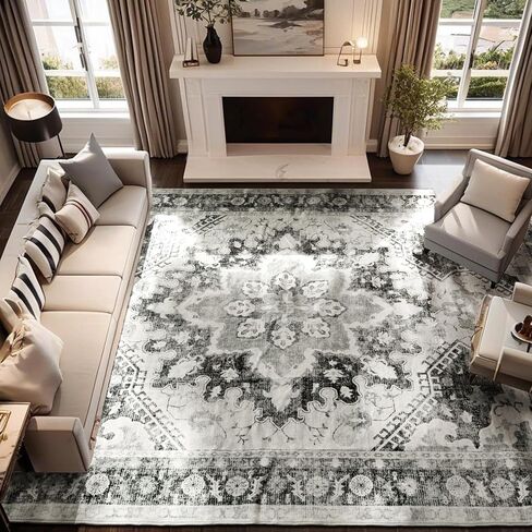 سجادة منطقة NANPIPER، سجادة قابلة للغسل مقاس 3x5 لغرفة المعيشة، سجادة عتيقة بظهر مانع للانزلاق، سجادة متعثرة غير قابلة للتساقط لغرفة النوم، سجادة مزرعة ناعمة رفيعة للغاية لديكور المنزل (3'x5'، رمادي) in Kuwait