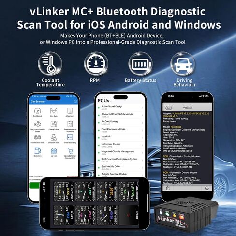 V-gate vLinker MC+ OBDII Bluetooth Adapter Car Wireless OBD2 Scanner All Systems Diagnostic Scan Tool and Code Reader Clear Faults Hacker-Proof for iOS, Android &Windowns in Saudi Arabia