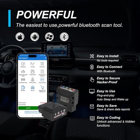 V-gate vLinker MC+ OBDII Bluetooth Adapter Car Wireless OBD2 Scanner All Systems Diagnostic Scan Tool and Code Reader Clear Faults Hacker-Proof for iOS, Android &Windowns in Saudi Arabia