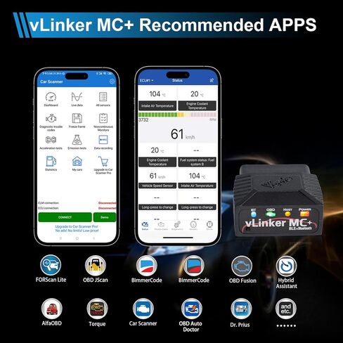 V-gate vLinker MC+ OBDII Bluetooth Adapter Car Wireless OBD2 Scanner All Systems Diagnostic Scan Tool and Code Reader Clear Faults Hacker-Proof for iOS, Android &Windowns in Saudi Arabia