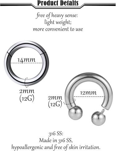 8G 6G 4G 2G Septum Ring Ear Gauges Earrings PA Ring Hypoallergenic 316L Surgical Steel Septum Nose Rings Hoops CBR Body Piercing Jewelry for Women Men Inner Diamond 12mm 14mm 16mm in Saudi Arabia