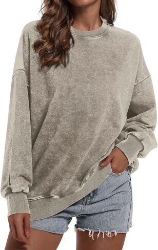 Oversized Vintage Crewneck Sweatshirt For Women Cotton Distressed Acid Wash Pullover Solid Color Long Sleeve Shirts in Saudi Arabia