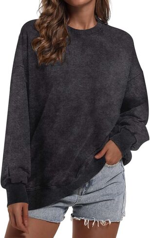 سويت شيرت نسائي كبير الحجم بياقة دائرية من القطن بلوفر مغسول بالحمض بلون سادة وأكمام طويلة in Kuwait