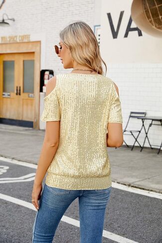 JASAMBAC Women's Sparkle Sequin Tops Shimmer Glitter Loose Cold Shoulder Party Tunic Batwing Dolman Dressy Tops in Saudi Arabia
