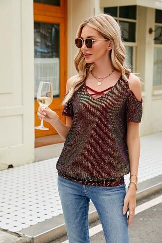 JASAMBAC Women's Sparkle Sequin Tops Shimmer Glitter Loose Cold Shoulder Party Tunic Batwing Dolman Dressy Tops in Saudi Arabia