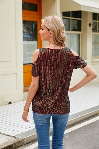 JASAMBAC Women's Sparkle Sequin Tops Shimmer Glitter Loose Cold Shoulder Party Tunic Batwing Dolman Dressy Tops in Saudi Arabia