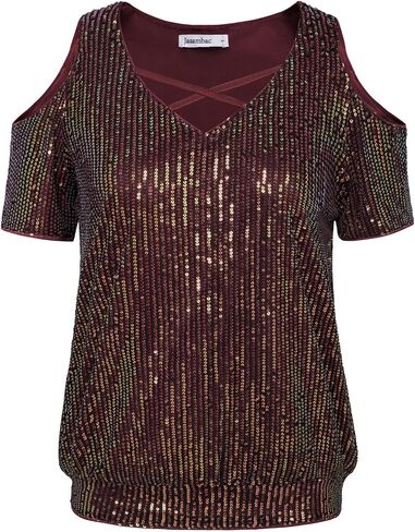 JASAMBAC Women's Sparkle Sequin Tops Shimmer Glitter Loose Cold Shoulder Party Tunic Batwing Dolman Dressy Tops in Saudi Arabia